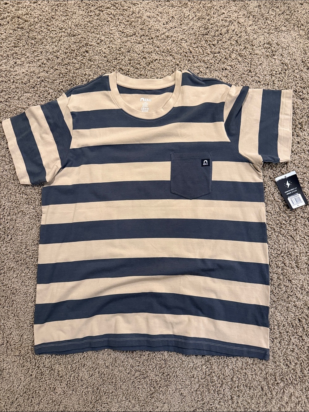 Rags to Raches Beige and Navy Blue Striped Short Sleeve Tee